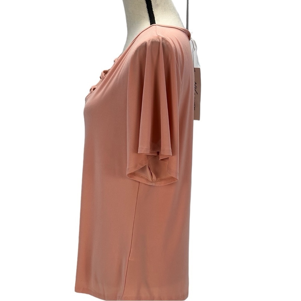 NY Collection Short Flutter Sleeve Mesh Neck Metal Detail Top - Pink - size PL - Picture 4 of 9